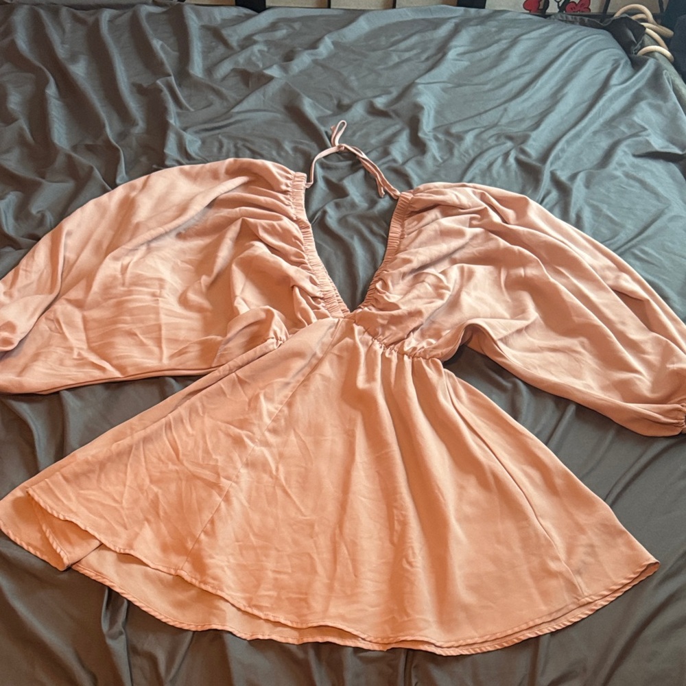 SHEIN deep plunge Peach Dress with Puff Sleeves